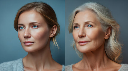 Comparison. Portrait of beautiful woman with problem and clean skin, aging and youth concept, beauty treatment and lifting. Before and after concept. Youth, old age. Process of aging and rejuvenation