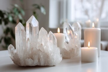 Clusters of raw clear quartz crystals catch the light alongside glowing candles, creating a serene atmosphere, perfect for a calming home decor display or meditation space