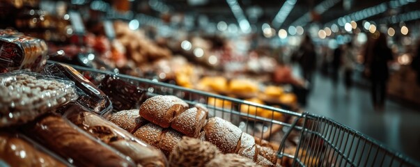 Shopping cart filled with assorted fresh food items in a supermarket