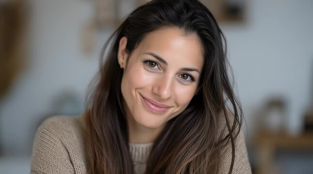 portrait of an attractive brunette woman with long hair, 30 years old, she is happy, looking straight to the camera,