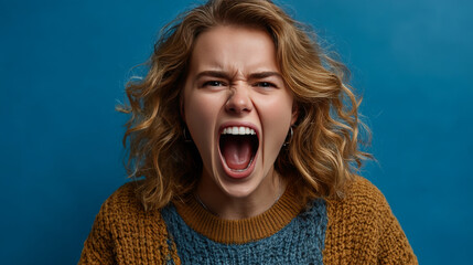 Screaming, hate, rage. Crying emotional angry woman screaming on blue studio background. Emotional, young face. Female half-length portrait. Human emotions, facial expression concept. Trendy colors