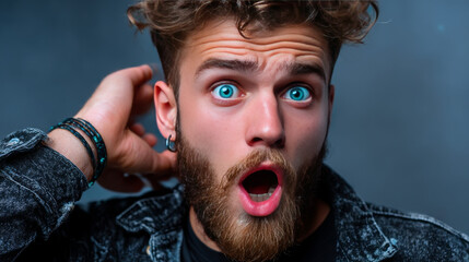 Portrait of young man with shocked facial expression