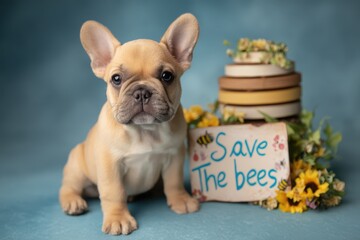 Blue-tan French bulldog puppy with a Save the bees sign beside a beehive and flowers on a blue backdrop