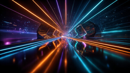 3d render, abstract multicolor spectrum background, bright orange blue neon rays and colorful glowing lines