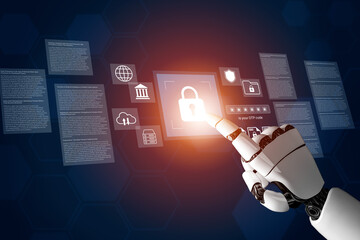 A futuristic robotic hand touches a digital security interface showcasing padlock icons and data documents, highlighting innovation in cybersecurity and technology. Gantry