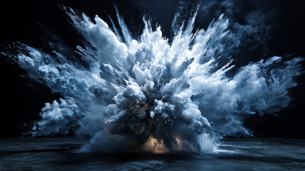 Abstract design of white powder snow cloud explosion on dark background