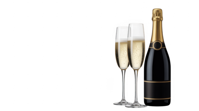 Champagne bottle and two glasses isolated on a transparent background - Powered by Adobe