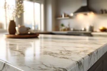 Close-up of marble surface on a clean, contemporary kitchen with blurred background
