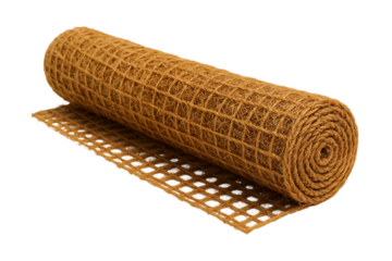 A tightly rolled coir fiber mat with a grid pattern ideal for erosion control on transparent