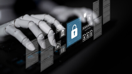 A robotic hand interacts with a keyboard amidst digital security icons, showcasing advancements in cyber security and the relationship between technology and safety. Gantry