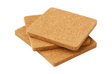 A stack of four square cork coasters detailed texture natural material on transparent background