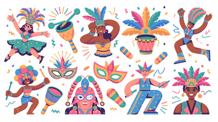 Vibrant elements associated with the carnival: dancers, percussion instruments, masks.