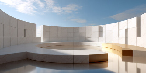 Obraz premium Modern circular marble architectural structure with smooth curved seating under a partly cloudy blue sky in bright natural light