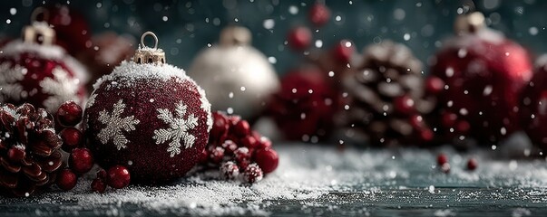 Obraz premium Festive red Christmas ornaments with snow on rustic wooden background