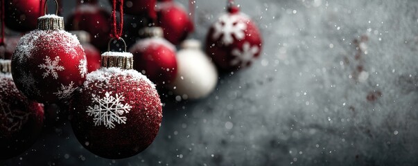 Obraz premium Red Christmas ornaments with snowflakes on a festive winter background