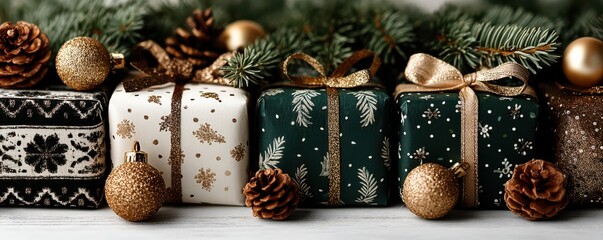 Obraz premium Christmas gift boxes with fir branches and festive decorations in elegant style