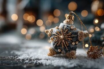 Obraz premium Golden decorative star ornament in Christmas ambience with bokeh lights