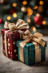 Obraz premium Festive Christmas gifts wrapped in red and green with gold ribbons