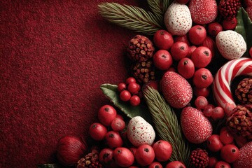 Obraz premium Festive arrangement featuring berries, candy canes, and greenery on a red background
