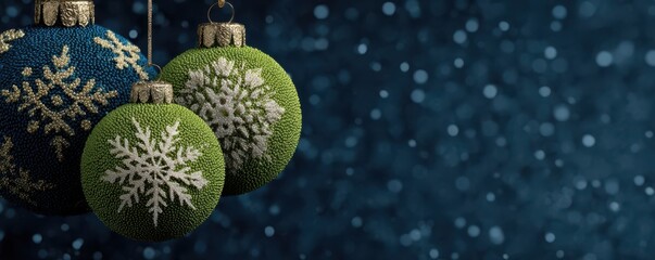 Obraz premium Colorful Christmas ornaments with a snowflake design on a blue bokeh background