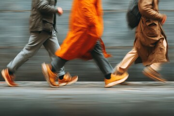 Blurred motion of people walking on an urban street wearing stylish outfits