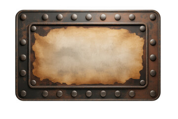 Vintage metal plate with rivets and parchment rusty isolated on a transparent background