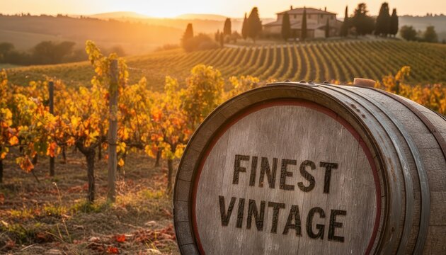 Rustic Oak Barrel with Finest Vintage Inscription Overlooking Golden Hour Vineyard Landscape