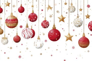 Obraz premium Christmas background with golden stars and red festive hanging ornaments