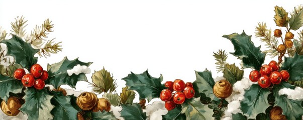 Obraz premium Watercolor holiday border with holly, berries, and green floral decorations