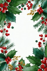 Obraz premium Watercolor Christmas frame with holly, red berries, and pine branches design
