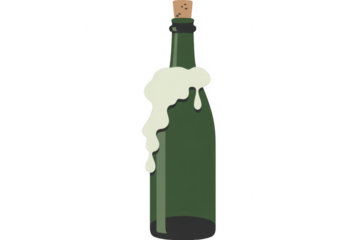 Green wine bottle with white liquid spill overflow isolated on a transparent background