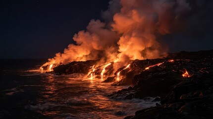 Fototapeta premium Molten Lava Flowing Into The Ocean At Night Creating Dramatic Steam Clouds And Glowing Reflections