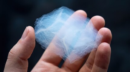 Close Up of a Hand Holding Ultra Lightweight Translucent Blue Aerogel Solid Smoke Technology Sample