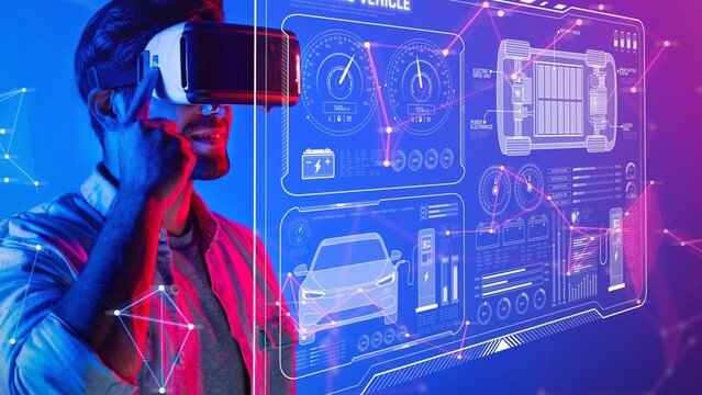 A modern man immerses himself in a virtual reality experience, exploring an innovative vehicle technology interface filled with digital data and visual elements. Raster - Powered by Adobe