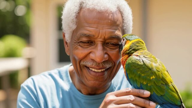 Senior African American man holding a colorful macaw parrot outdoors. Elderly male smiling as pet bird nuzzles his cheek in a garden. Human-animal bond and friendship concept