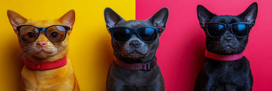 Trio of cool pets: orange cat with clear glasses and two dogs in stylish sunglasses, posing against vibrant yellow and red backgrounds, embodying urban chic and playful animal fashion.
