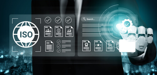 A modern businessman engages with digital technology to enhance ISO standards compliance and data management in a sleek, futuristic office setting. Gantry