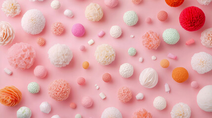 Delightful and whimsical arrangement of fluffy pom-poms, textured spheres, and honeycomb decorations in soft pastel hues, including pink, peach, cream, mint green, and bright orange, scattered playful