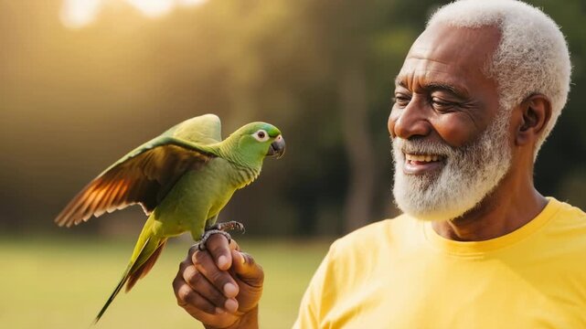 Senior African American man holding a green parrot on his finger in a park. Happy elderly man smiling as his pet bird flaps its wings during golden hour. Retirement lifestyle and animal bond concept
