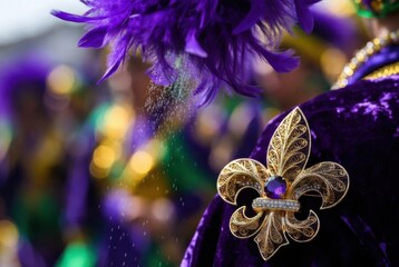 Detailed view of ornate fleur-de-lis brooch pinned to a velvet costume
