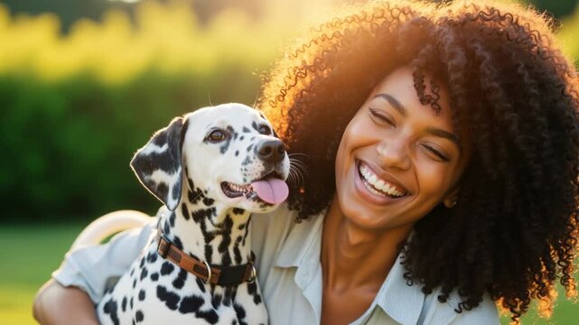 Happy woman with curly hair hugging her Dalmatian dog while it licks her face. Cheerful pet owner bonding in a park at sunset. Friendship and love concept. Pet shop and vet clinic advertisement