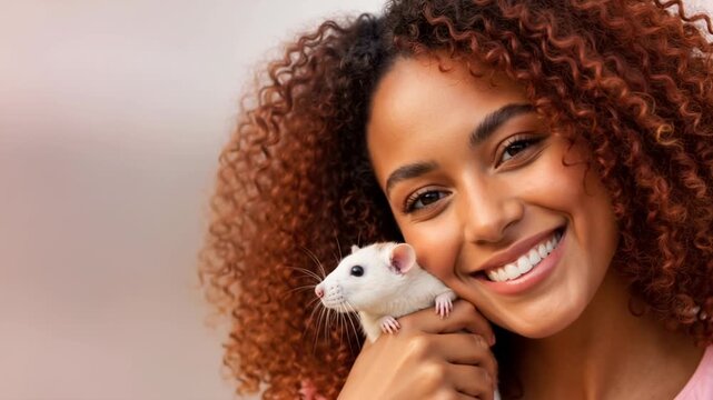 Portrait of a happy young woman holding a white pet rat near her face. Smiling female owner with curly hair posing with a cute fancy rat against a pink background with copy space. Pet shop ad