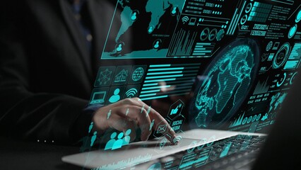 A close-up view of hands typing on a laptop showcasing a digital world map and graphical data representations, symbolizing communication and modern technology in business. Cipher