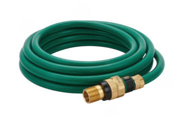 Green hose with gold connector tube pipe isolated on a transparent background