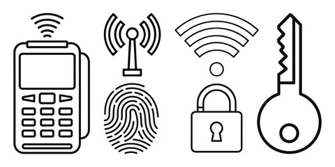 Digital identification and access control technology icons in modern vector outline style