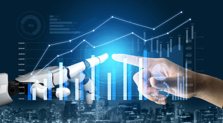 A close-up view of a human hand and a robotic hand interacting, set against a financial data visualization in a futuristic city, symbolizing technology, progress, and innovation. Scalp