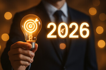 Creative future business concept with person holding target light bulb and illuminated 2026 symbolizing goal achievement
