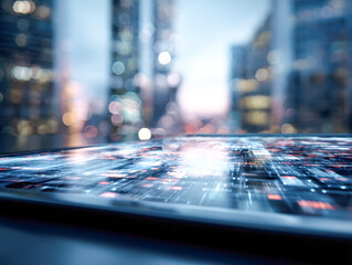 Futuristic digital interface with glowing data and technology elements displayed on a transparent surface against blurred urban cityscape background at dusk