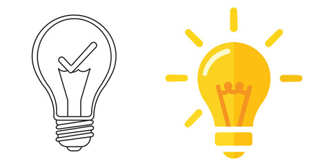 This creative graphic features two distinct light bulb icons, one presented as a precise black outline containing a clear checkmark inside, signifying a confirmed idea or a successful solution, alongs