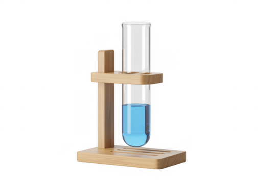 Wooden test tube holder with blue liquid laboratory equipment isolated on a transparent background - Powered by Adobe
